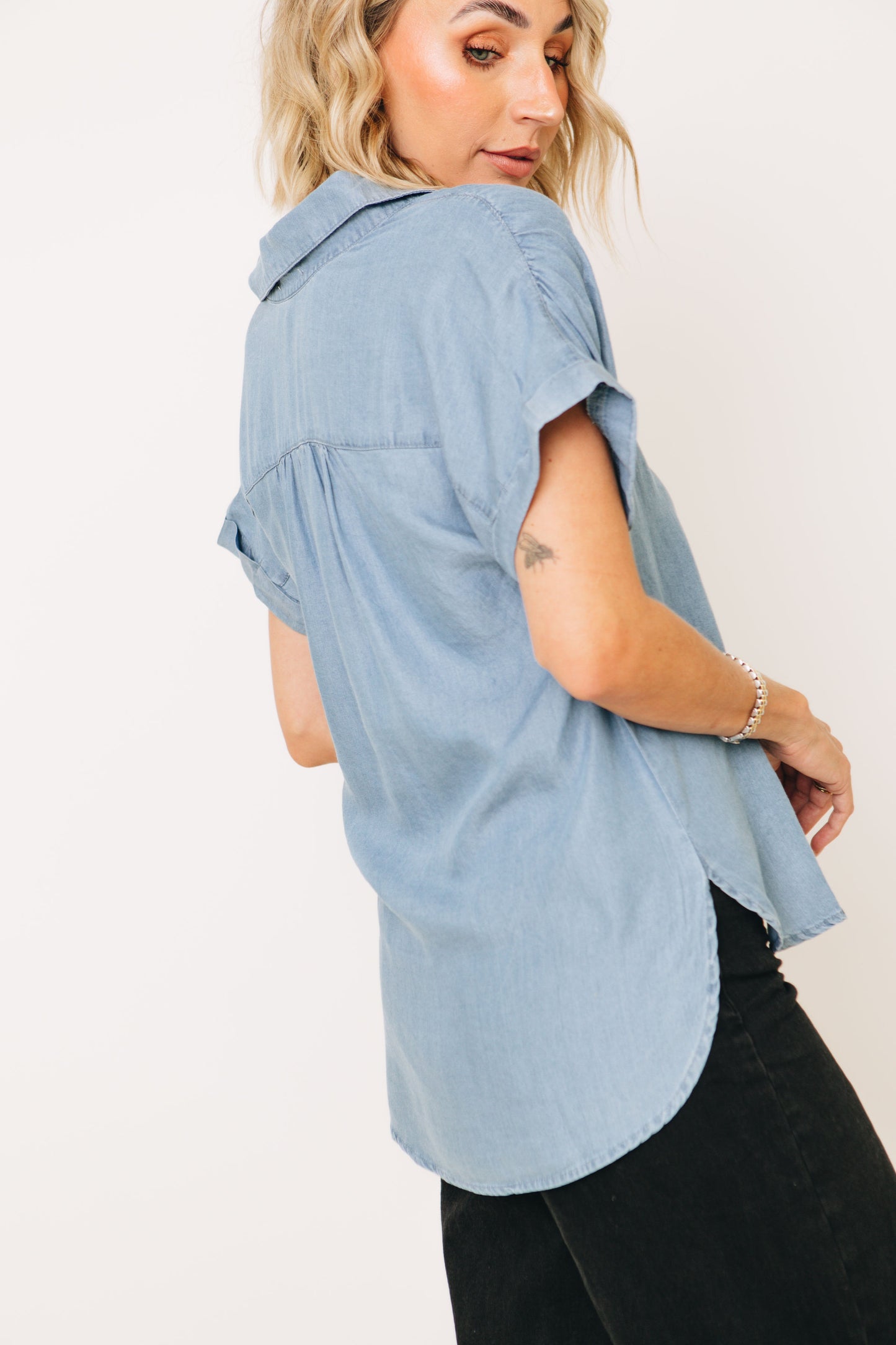 Ruched Shoulder Chambray Top (S-3XL)