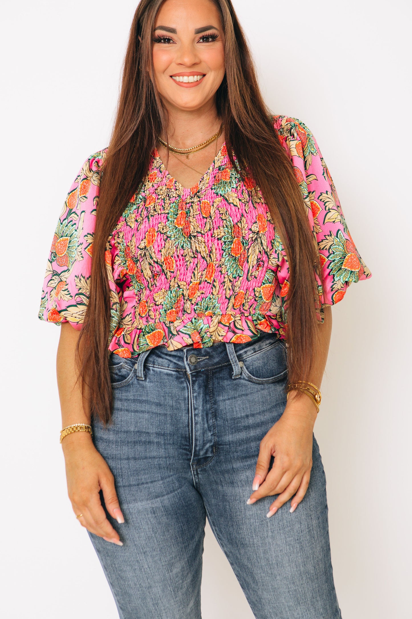 Garden Party Sleeve Smocked Flower Print Top (XS-XL)