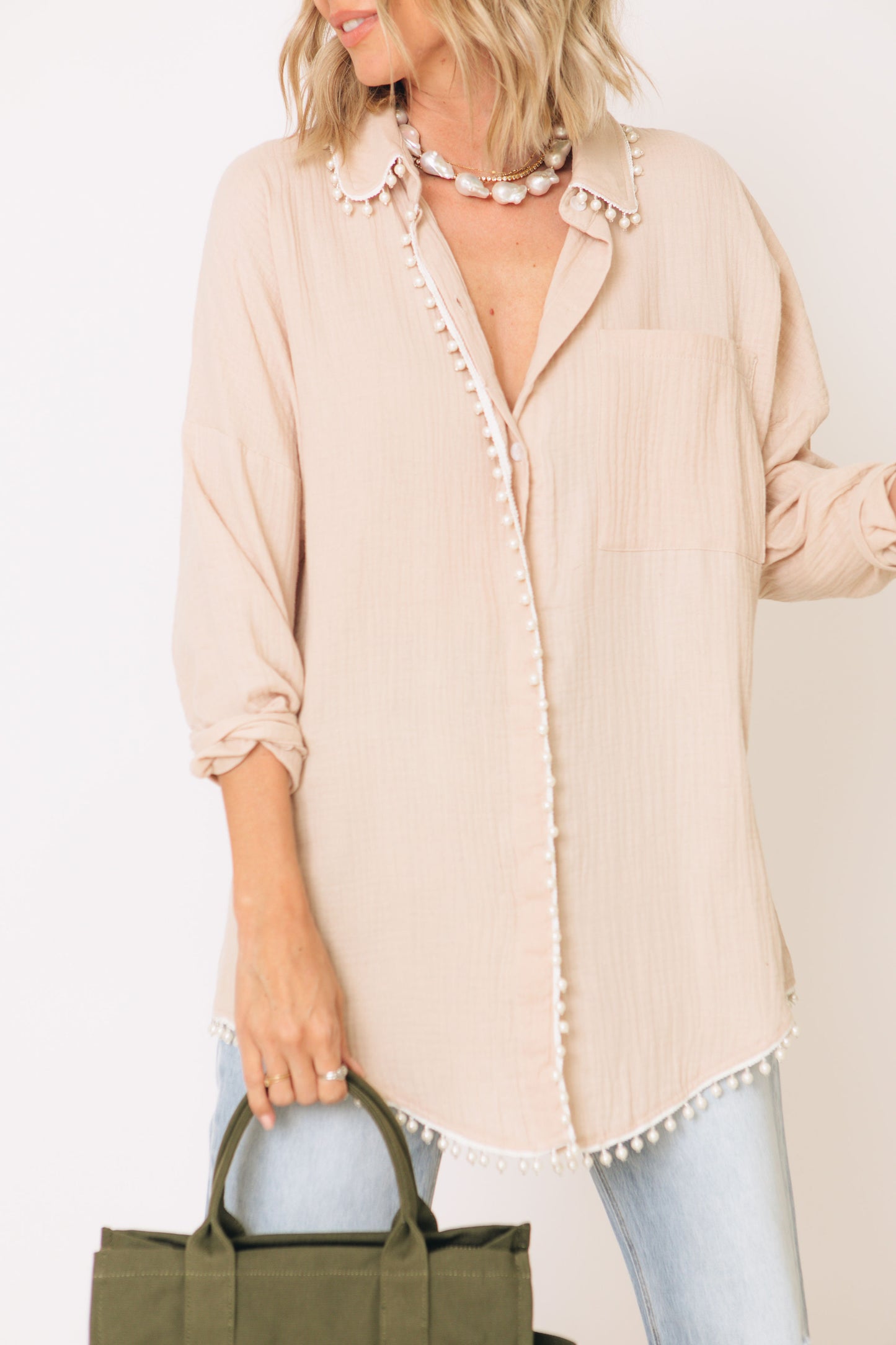 Pearl Embellishment With Hidden Button Up (S-3XL)