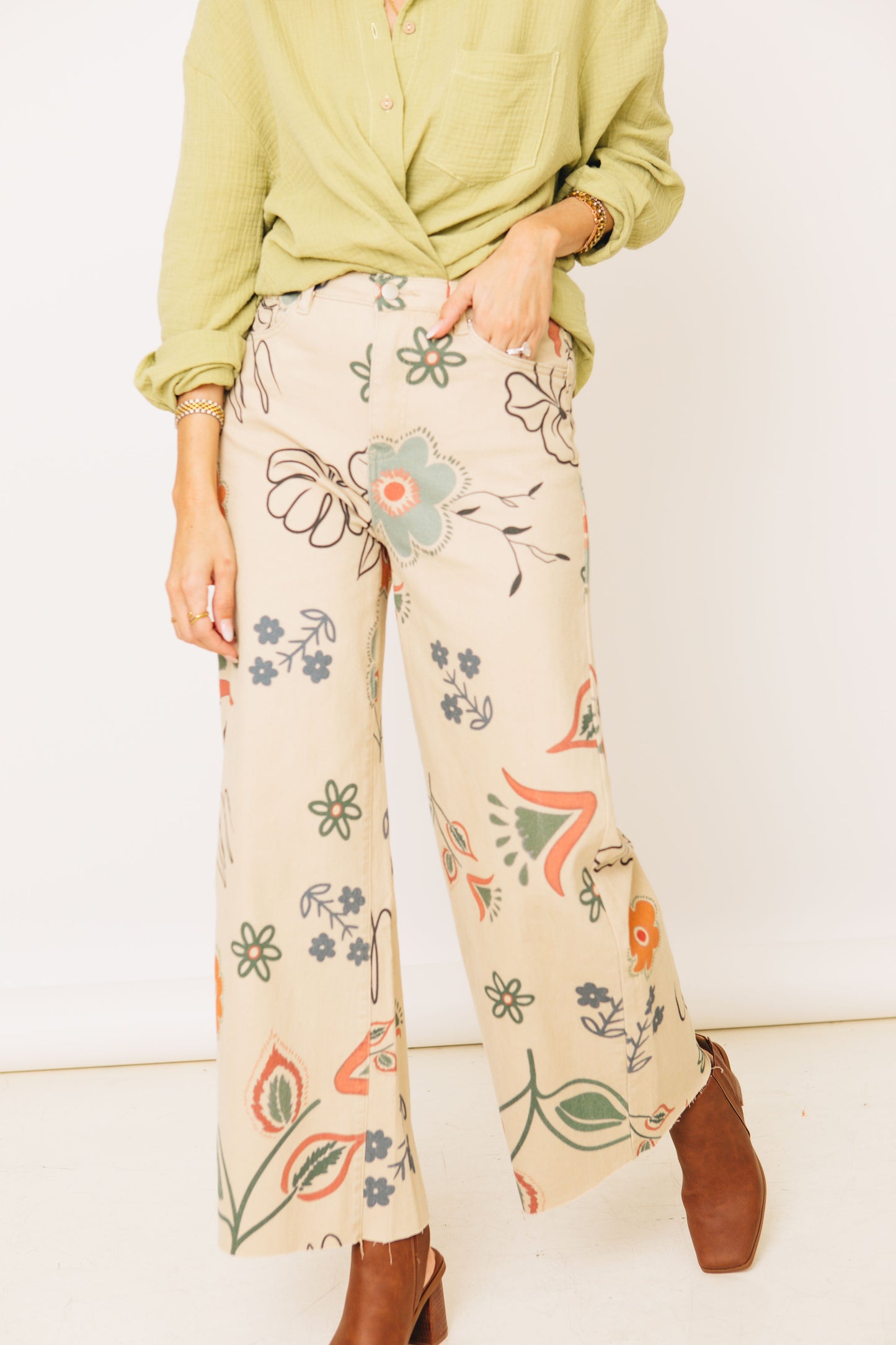 Nature's Palette - Printed Twill Wide Leg Pants (S-L)