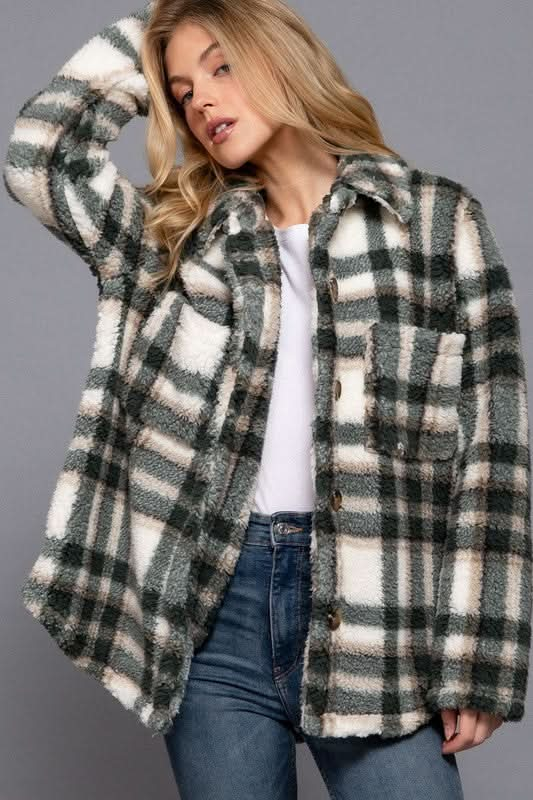 Plaid Print Long Sleeve Faux Fur Jacket (S-L)