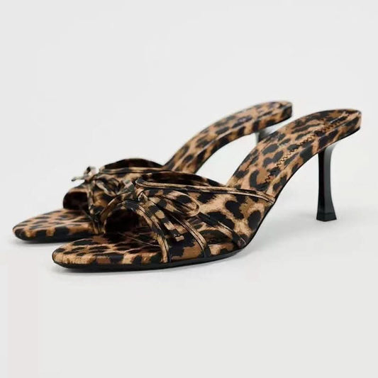 Kat Bow Leopard Kitten Heel Sandals