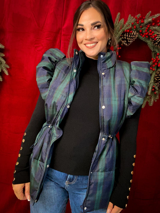 Shian Plaid Toggle Waist Puffer Vest (S-L)