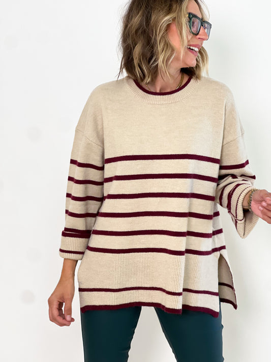 Annie Burgundy and Oat Striped Sweater Top (S-XL)