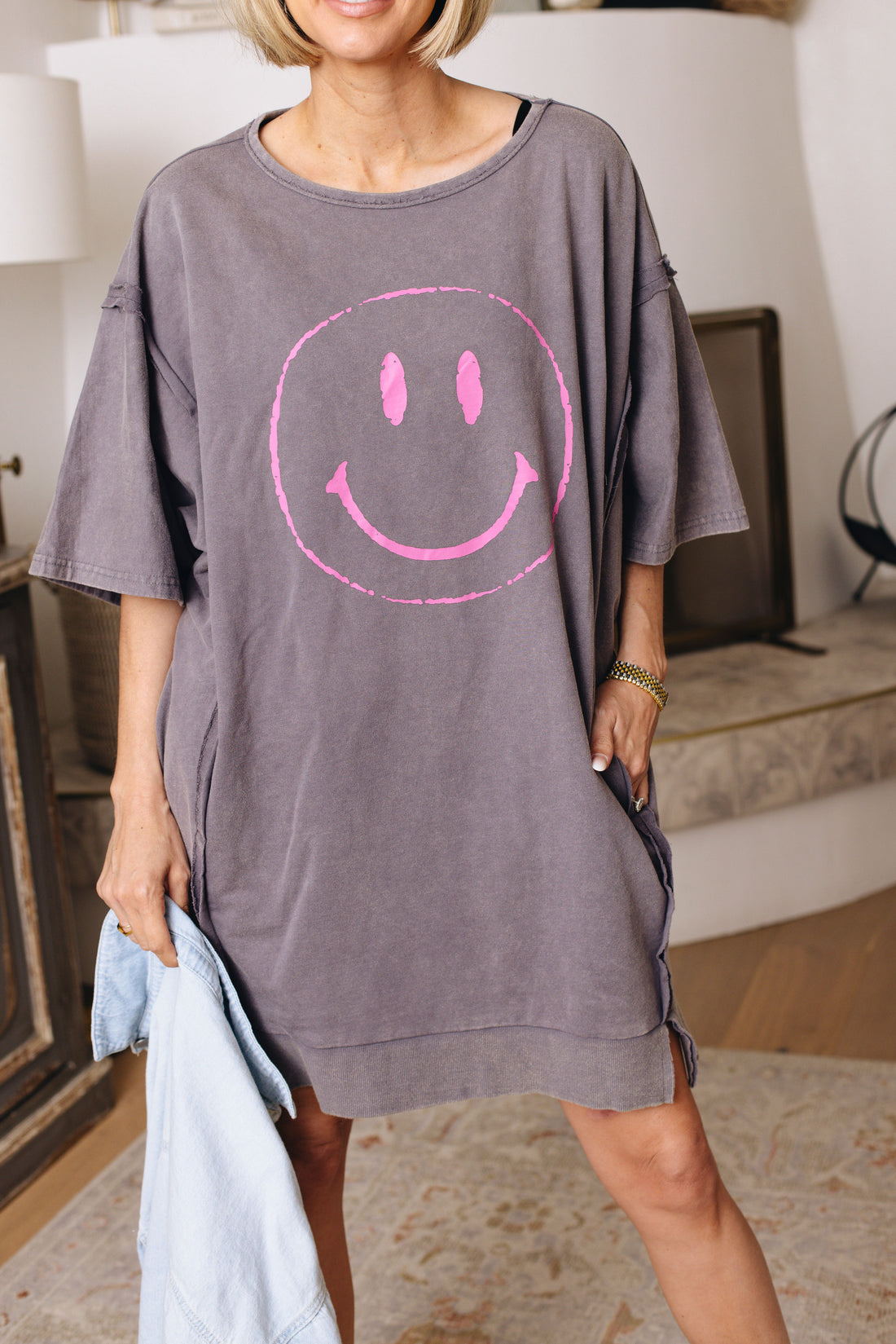 Smiley Face Washed Knit Terry Mini Dress (S-3XL)