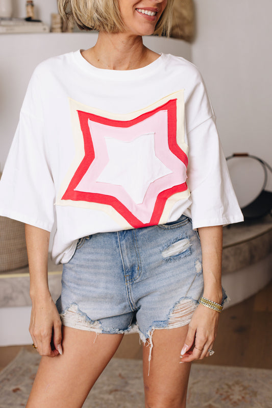Color Block Star Patched Half Sleeve Oversized Tee (S-XL)