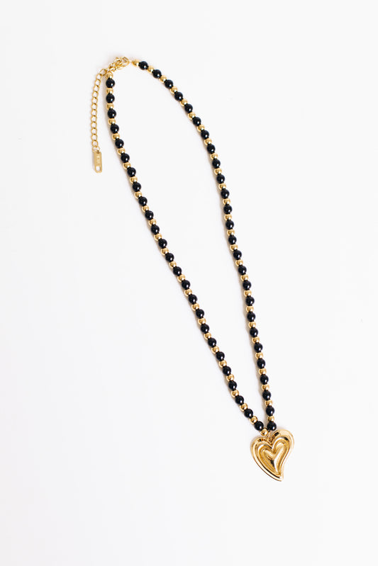 Waterproof Beaded Gold Heart Pendant Necklace