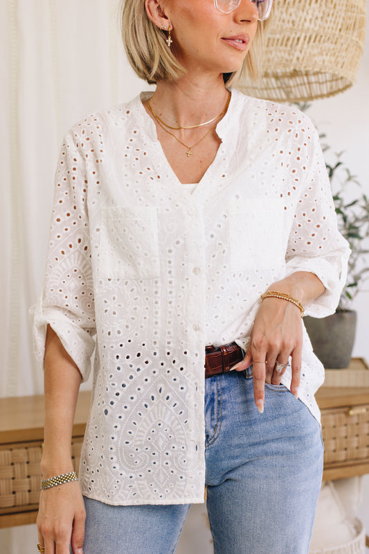 Button Down Long Sleeve Eyelet Top (S-3XL)