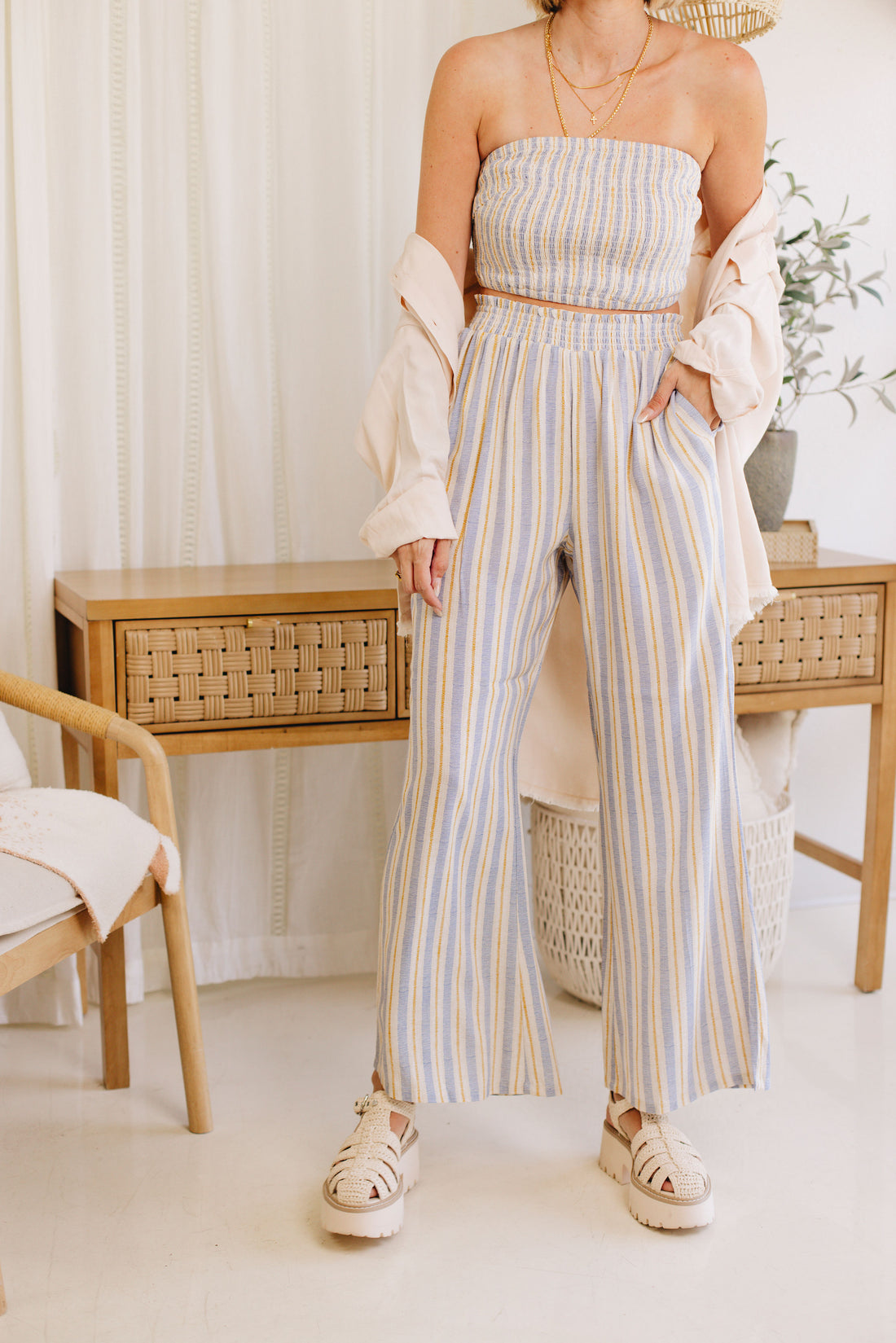 Rayon Striped Smock Bandeau Top and Palazzo Pants (S-L)