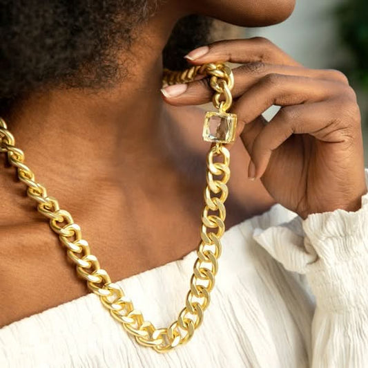 Large Matte Gold Chain Link with Clear Crystal Pendant