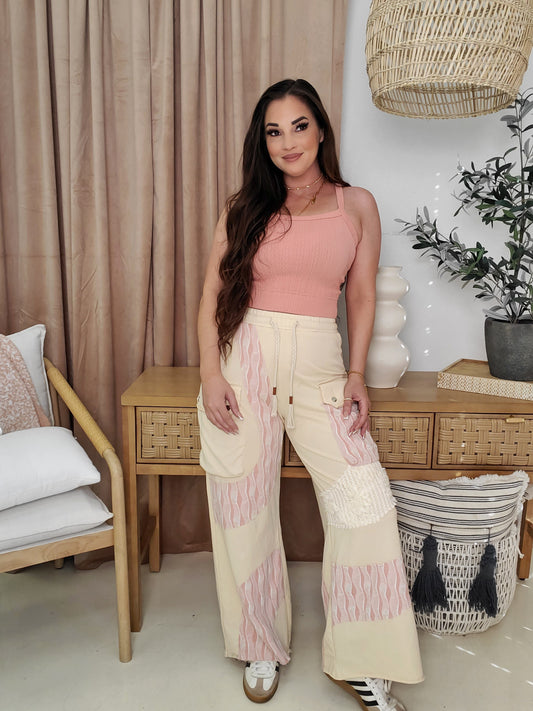 POL Crochet Contrast Drawstring Wide Leg Pants