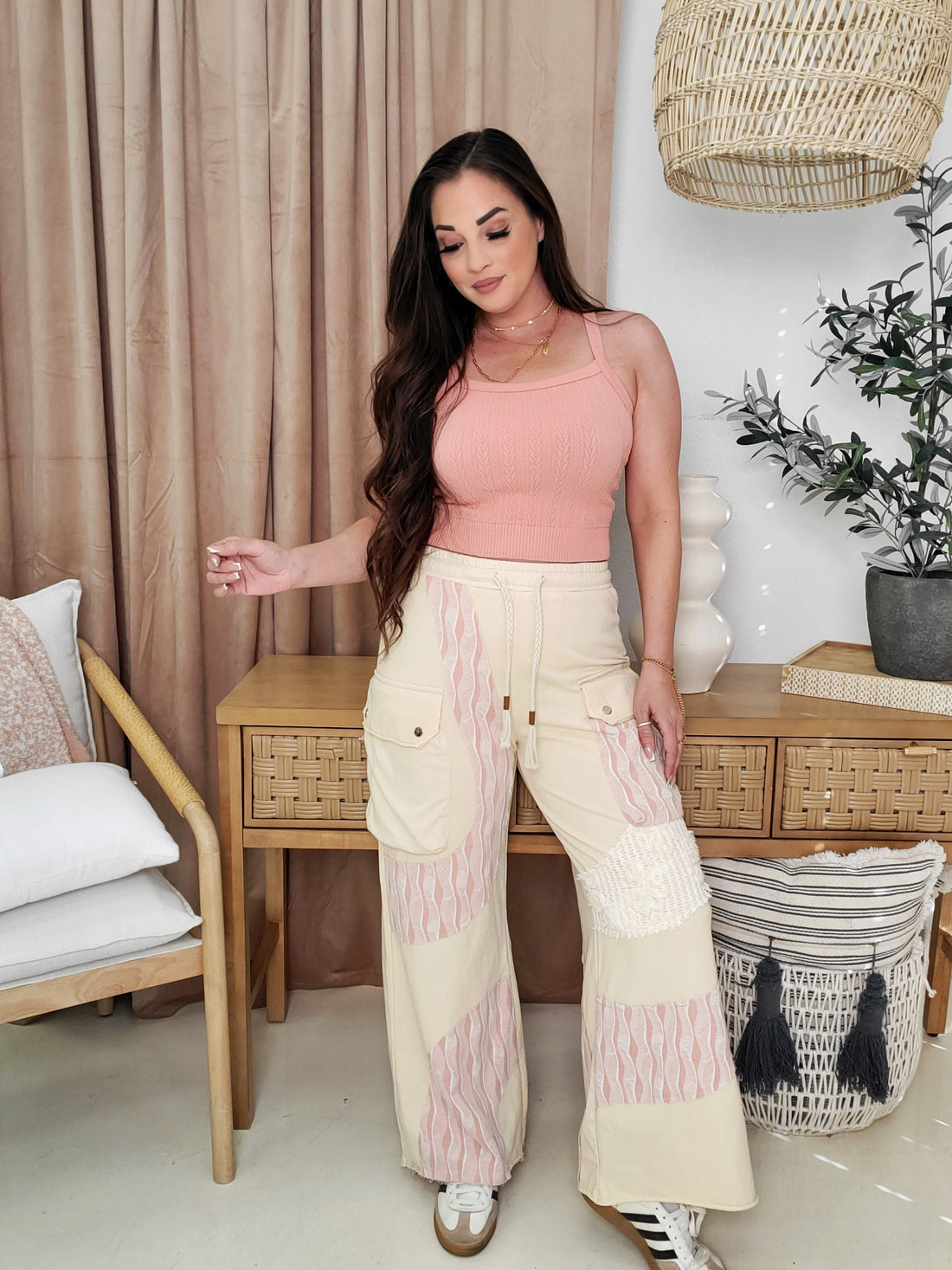 POL Crochet Contrast Drawstring Wide Leg Pants