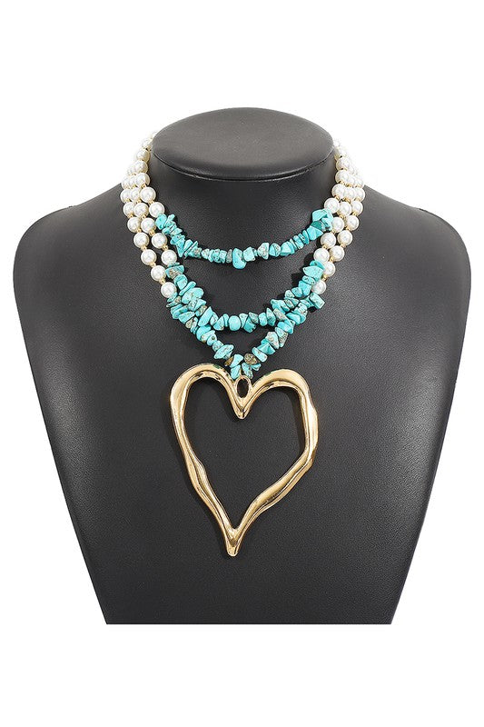 Layered Pearl Turquoise Heart Pendant Necklace