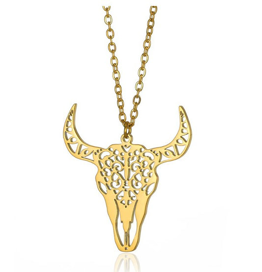 Golden color hollow cow Long Horn Texas WATERPROOF necklace