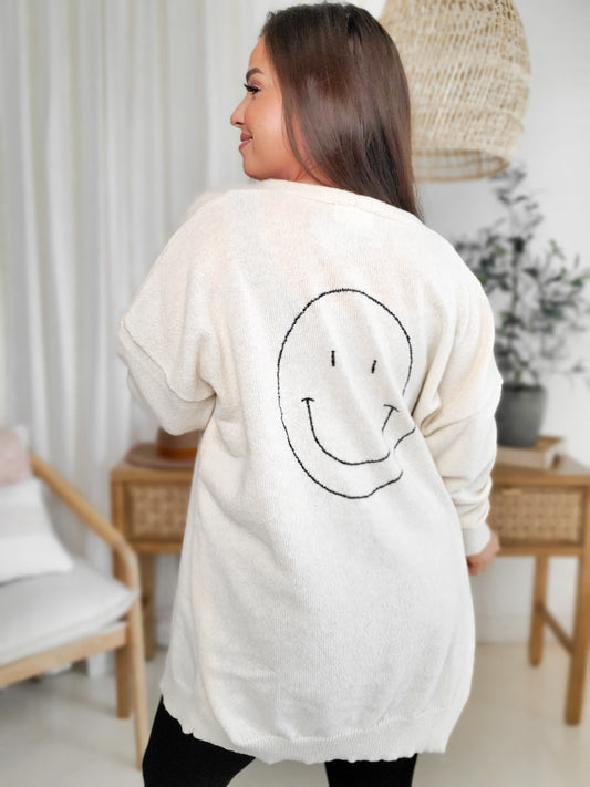 Smile Embroidered Long Sleeve Open Long Cardigan (S-3XL)