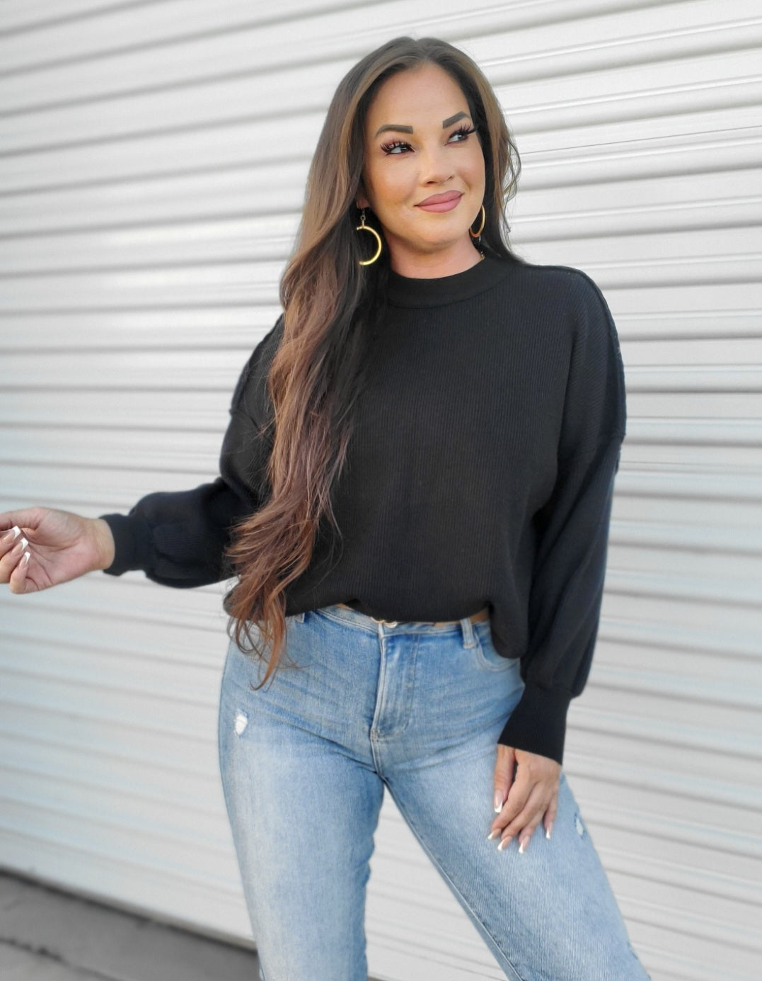 Noir Side Slit Round Neck Long Sleeve Sweater