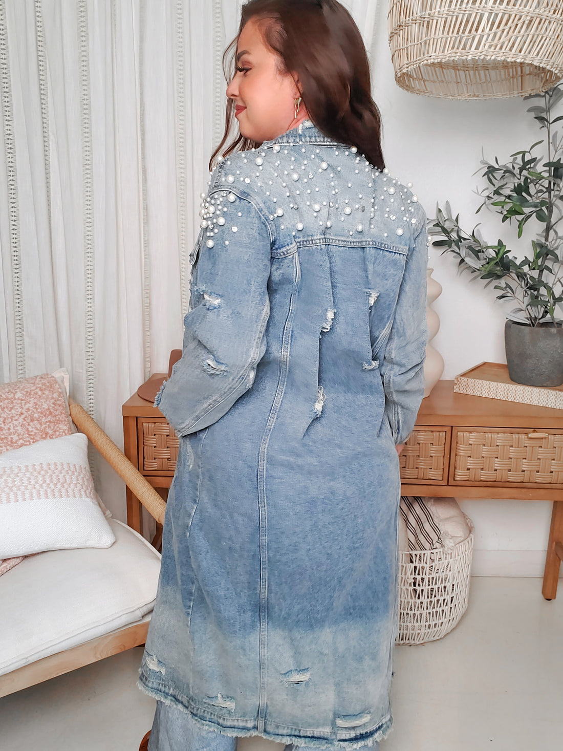 Pearl and Rhinestone Detail Long Denim Jacket (S-L)