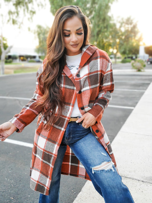 Jessie Devine Plaid Long Sleeve Hooded Coat (S-XL)