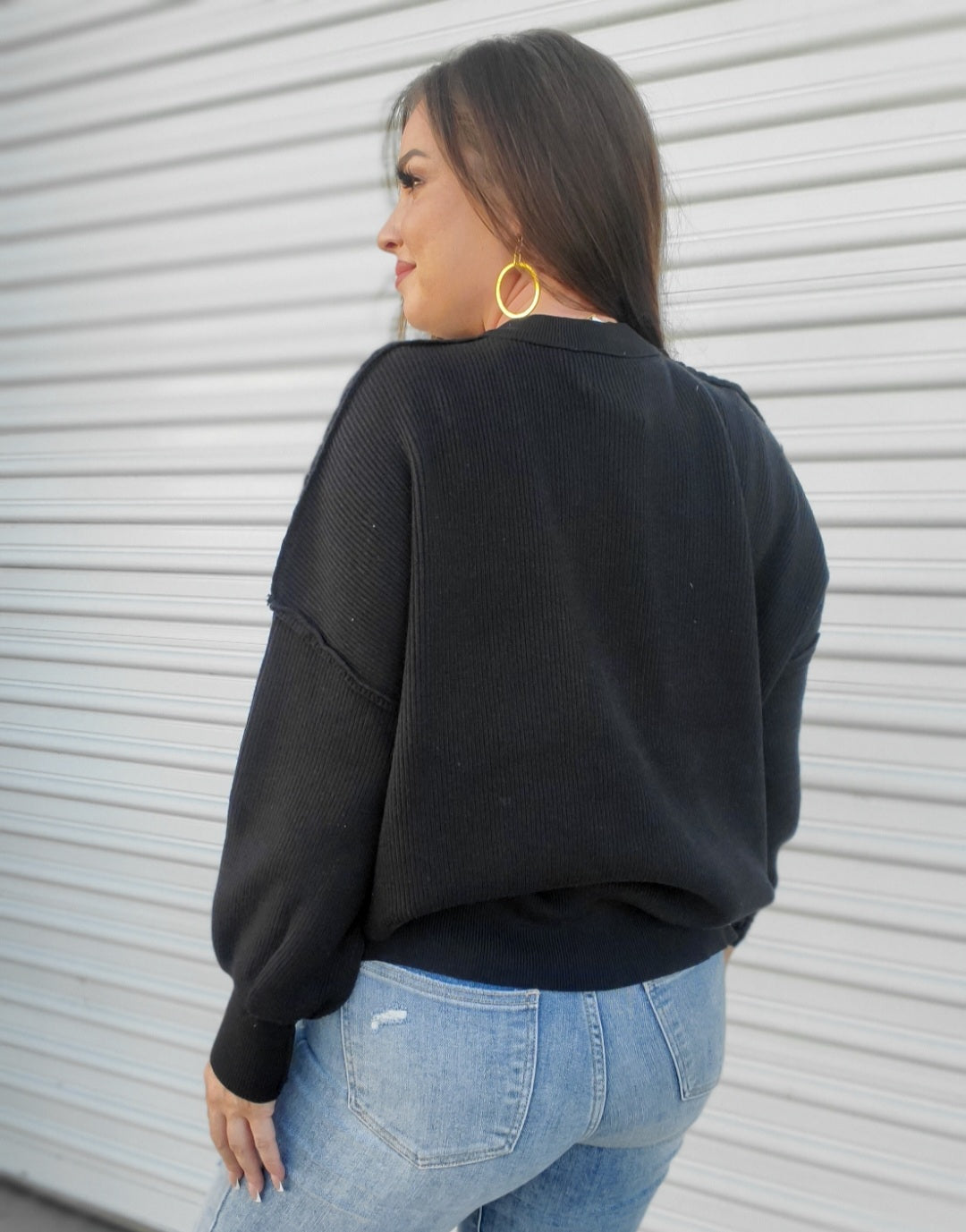 Noir Side Slit Round Neck Long Sleeve Sweater