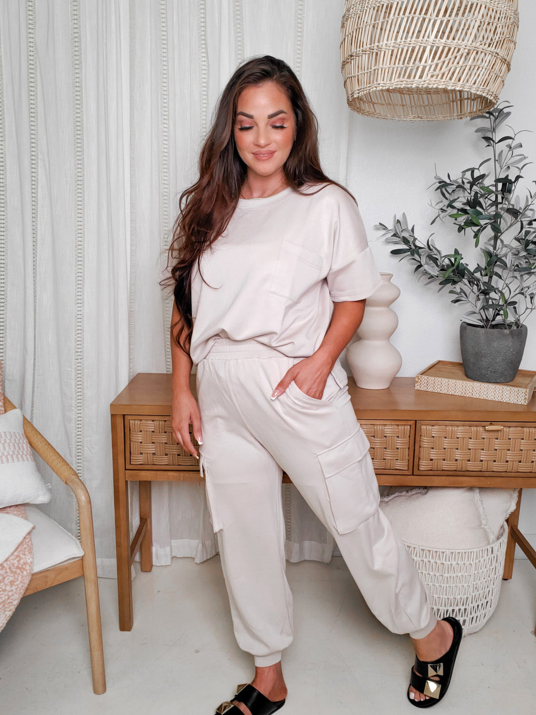 Round Neck Top and High Waisted Cargo Pants Set (S-XL)