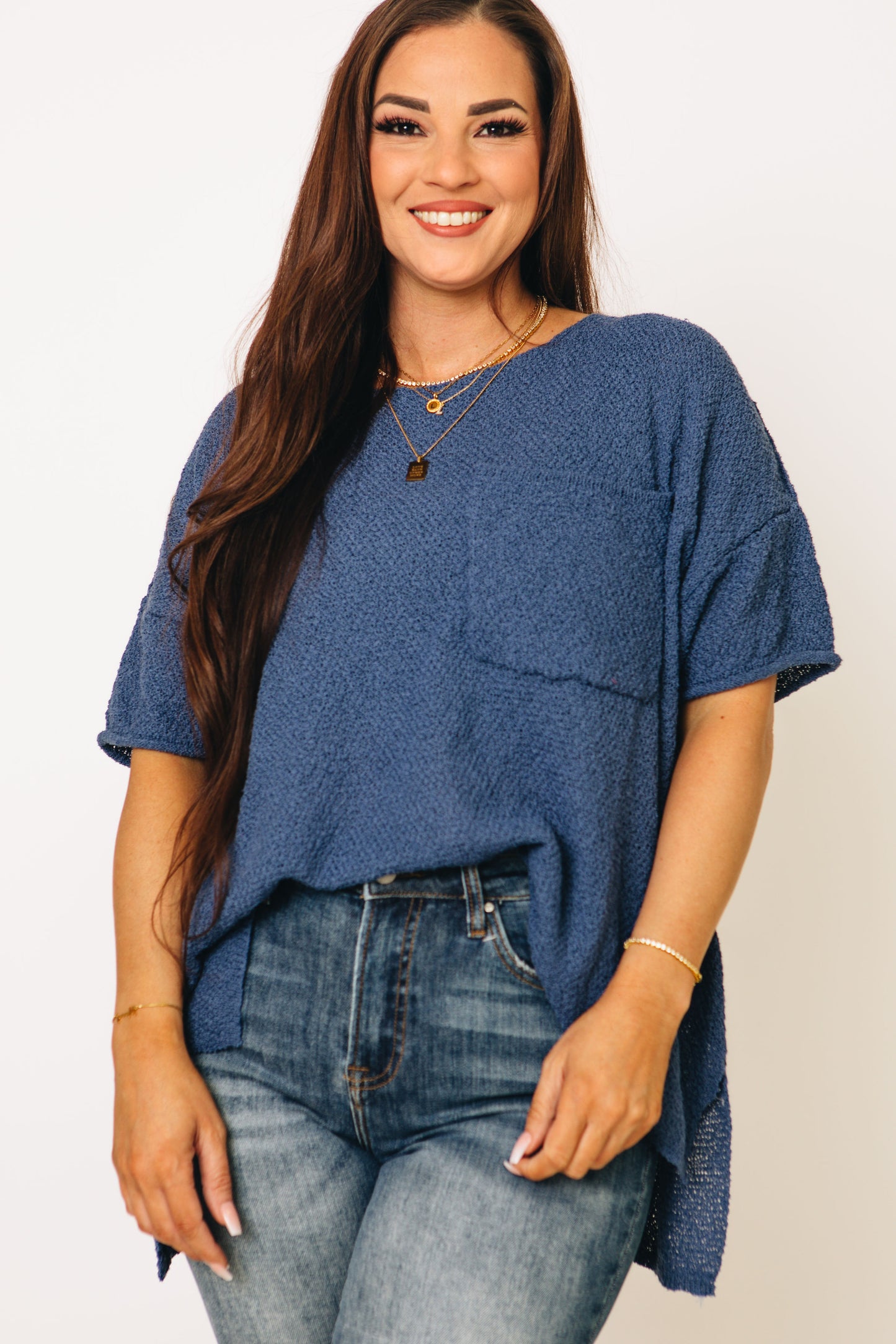 Solid Round Neck 3/4 Sleeves Loose Top (S-3XL)