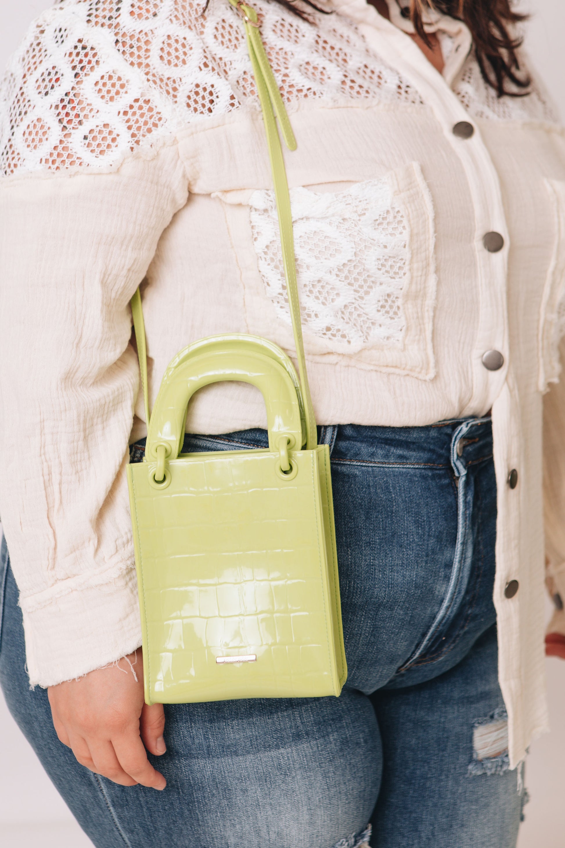 Petite Jolie - Small Snake Textured Bag - Lime Green Mini Top Handle Bag