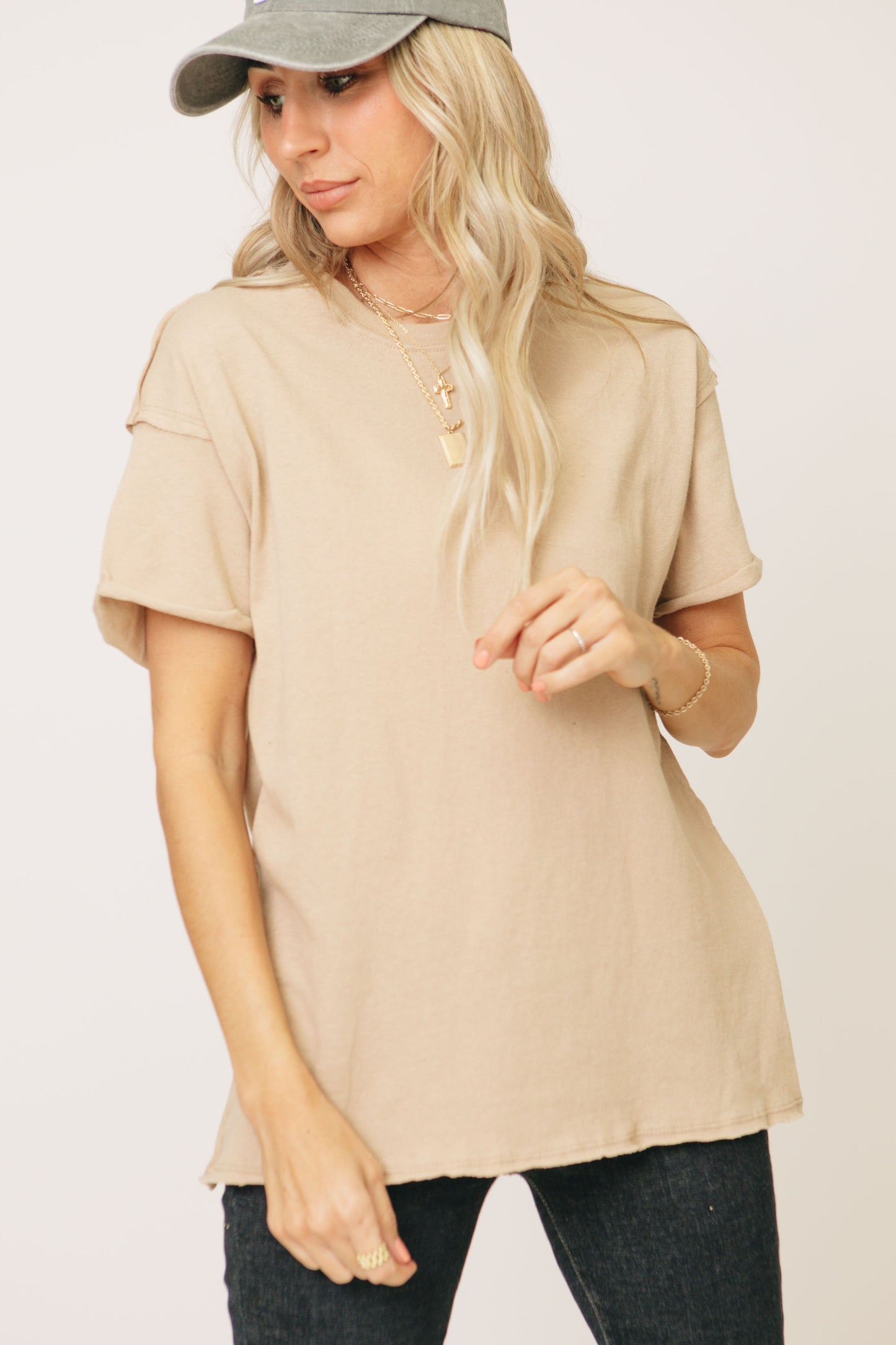 Garment Washed Round Neck Folded Sleeve Top (S-L)