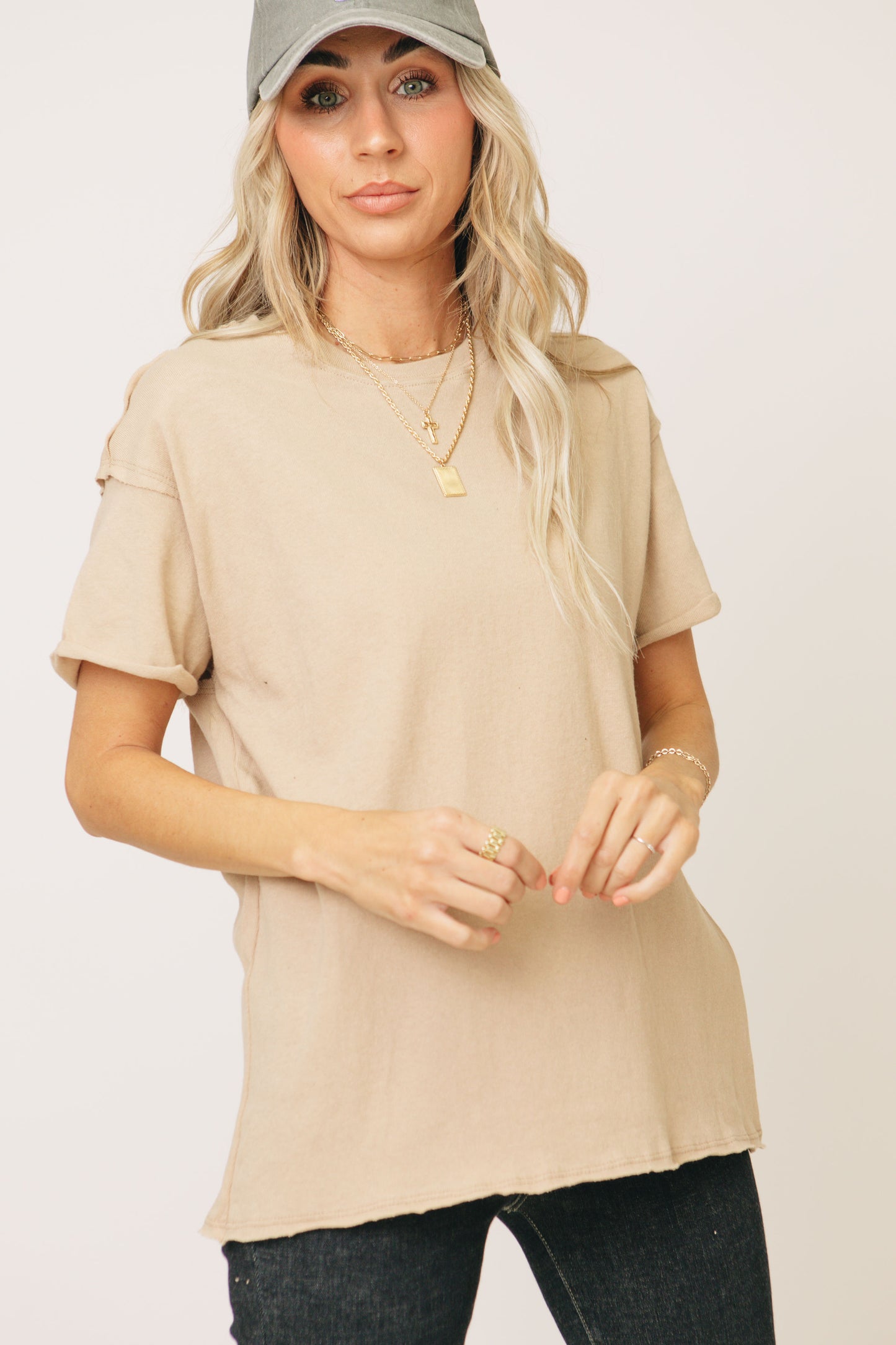 Garment Washed Round Neck Folded Sleeve Top (S-L)
