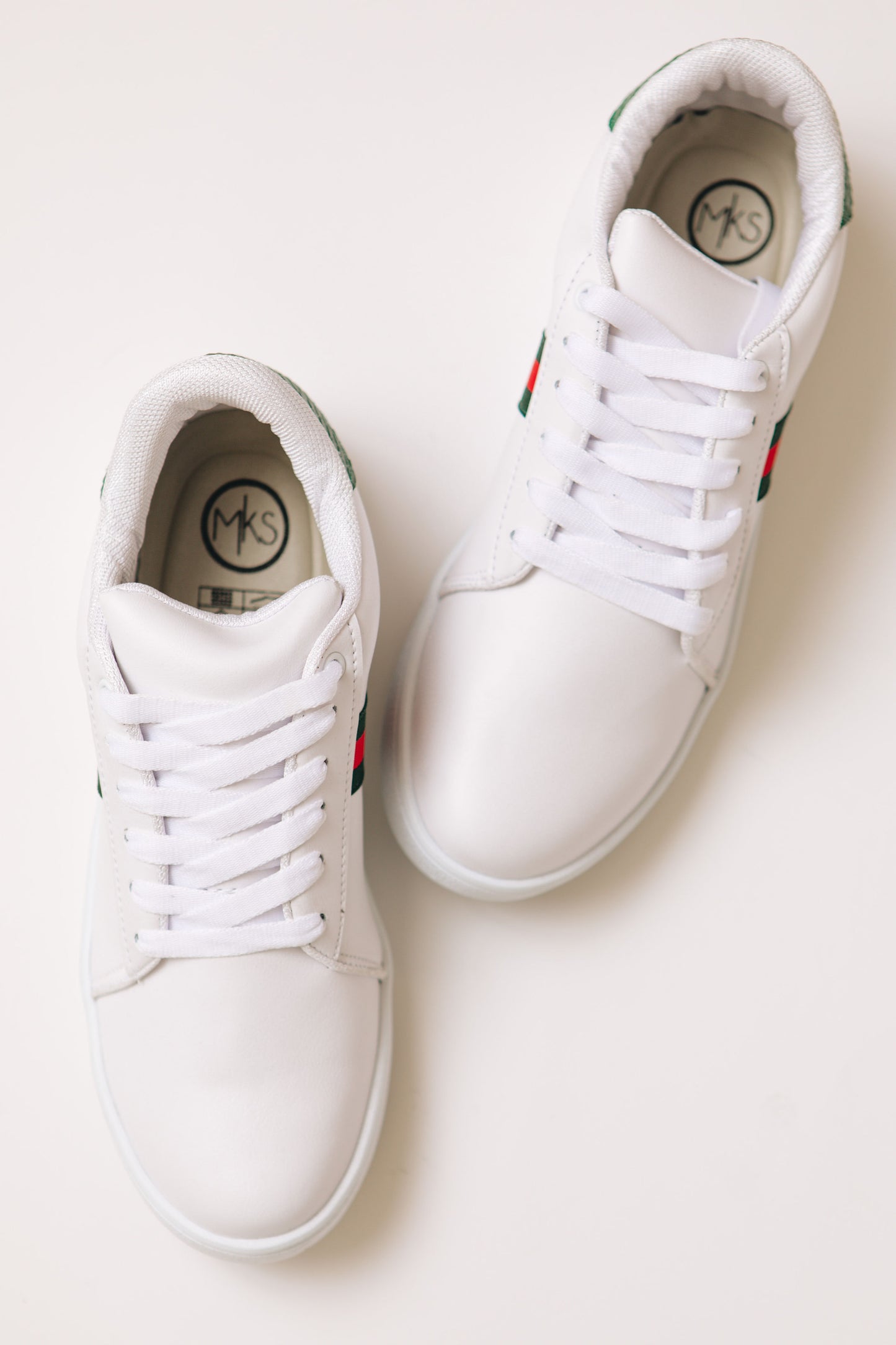 White Sneakers with the Green and Red Stripes