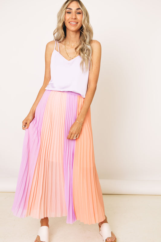 Color Block Pleated Skirt (XS-3XL)