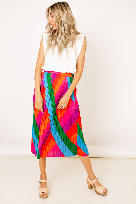 Rainbow Striped Pleated Midi Skirt (XS-3XL)